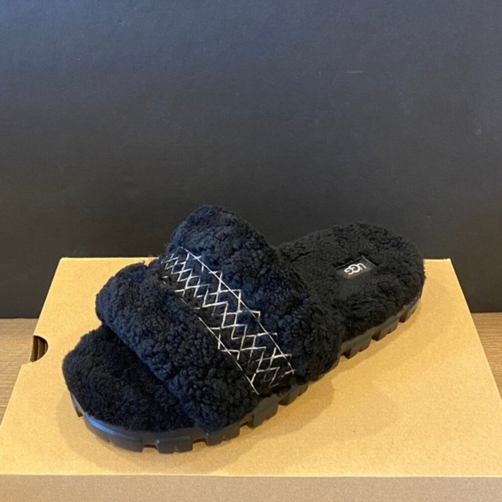 UGG Women's Cozetta Braid Black Sheepskin Slip On Slippers Shoes Flats NEW